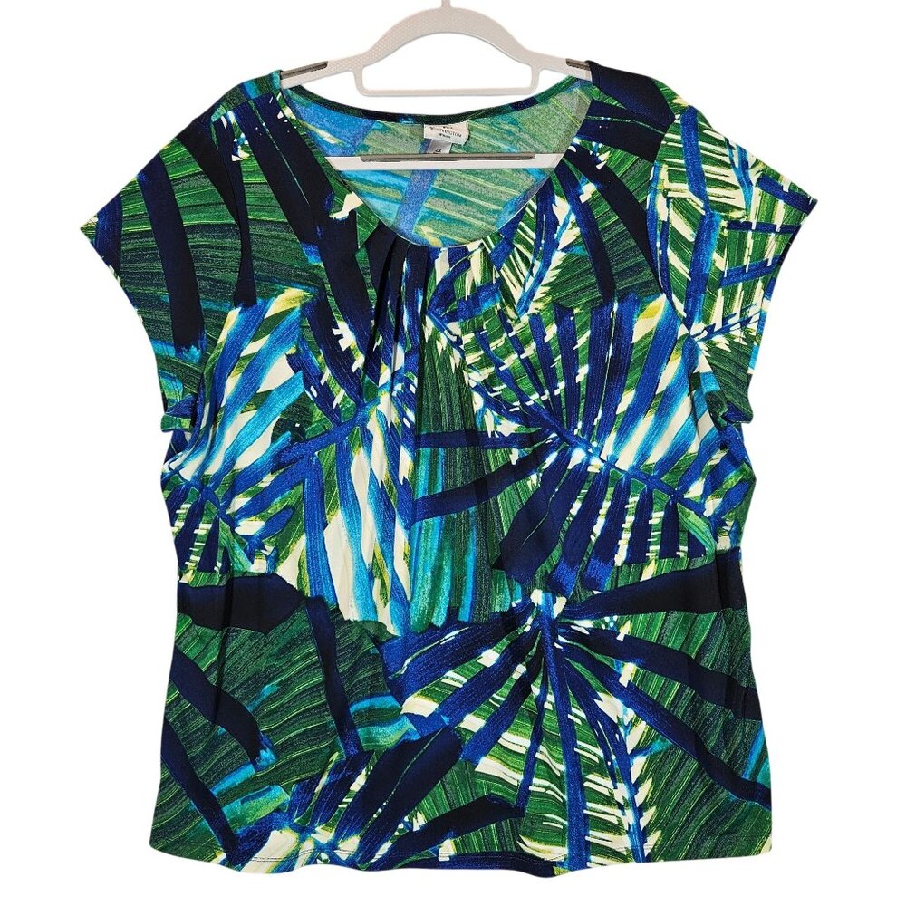 Worthington Blouse Womens 2X Bold Colorful Tropical Leaf Pleats Top casual flowy